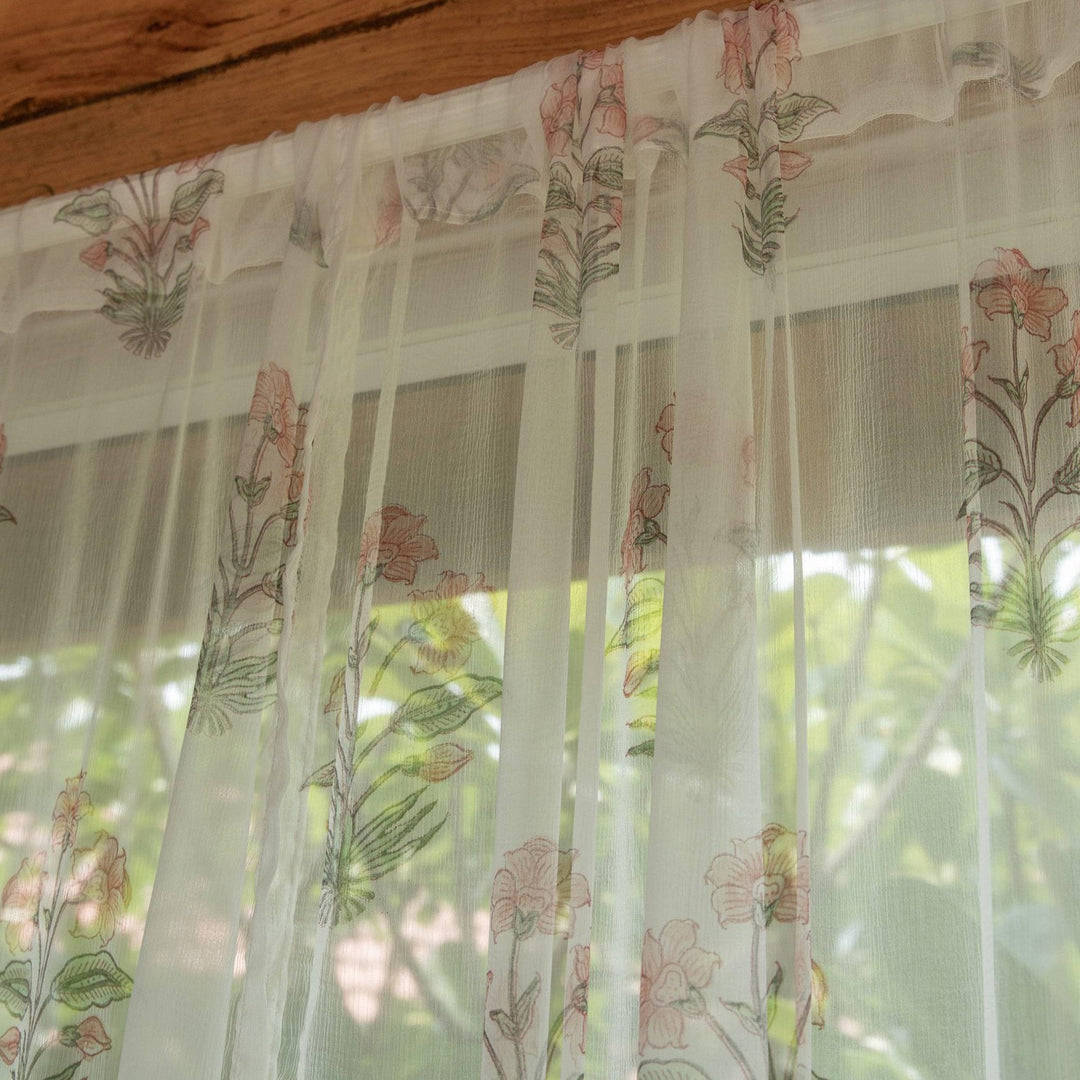 Chiffon Iris Hand Blockprinted Sheer Curtain-Curtains-House of Ekam