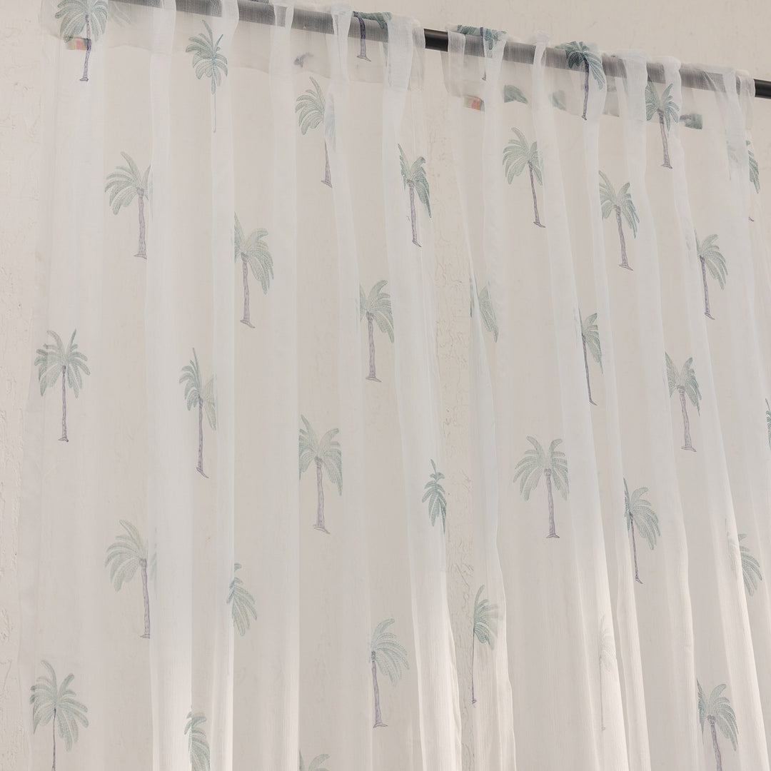 Chiffon Palm Hand Blockprinted Sheer Curtain-Curtains-House of Ekam
