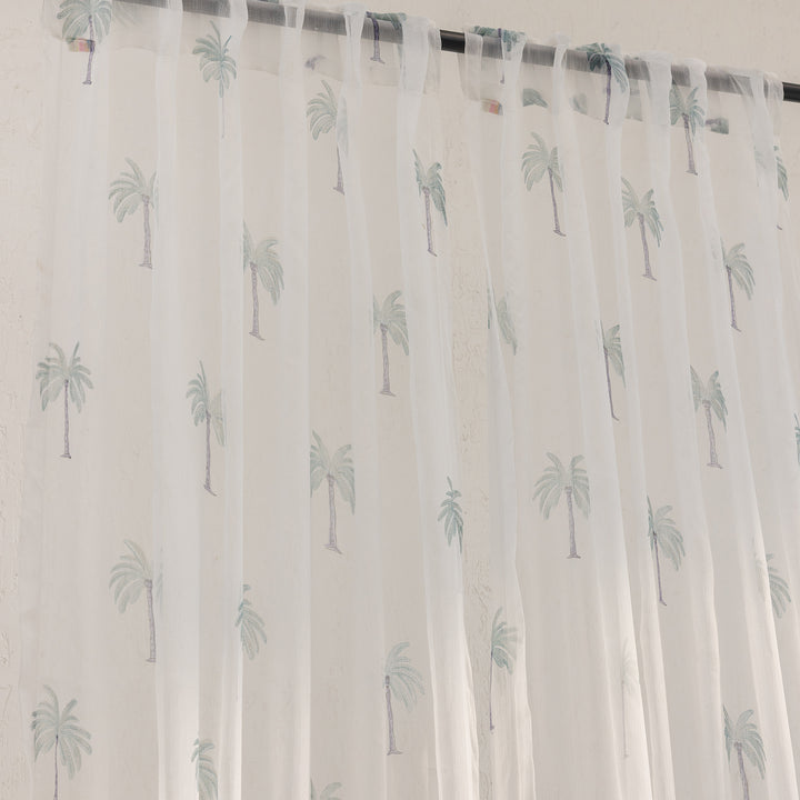 Chiffon Palm Hand Blockprinted Sheer Curtain-Curtains-House of Ekam