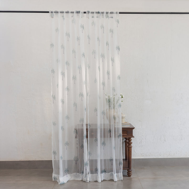 Chiffon Palm Hand Blockprinted Sheer Curtain-Curtains-House of Ekam