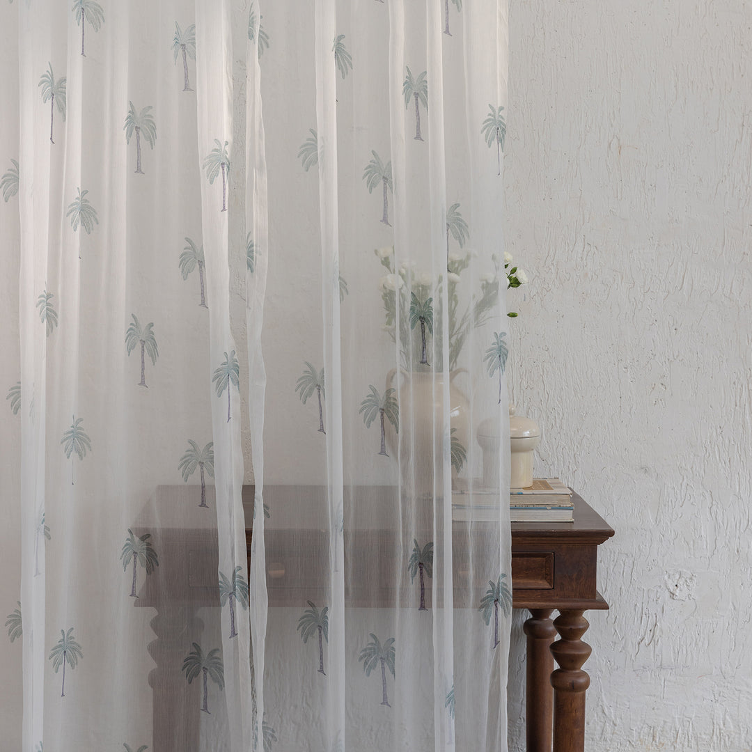 Chiffon Palm Hand Blockprinted Sheer Curtain-Curtains-House of Ekam