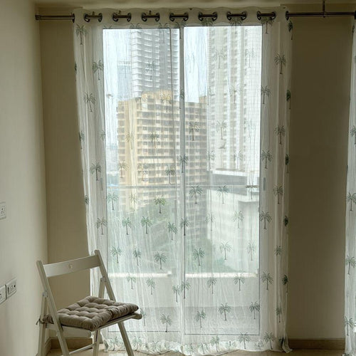 Chiffon Palm Hand Blockprinted Sheer Curtain-Curtains-House of Ekam