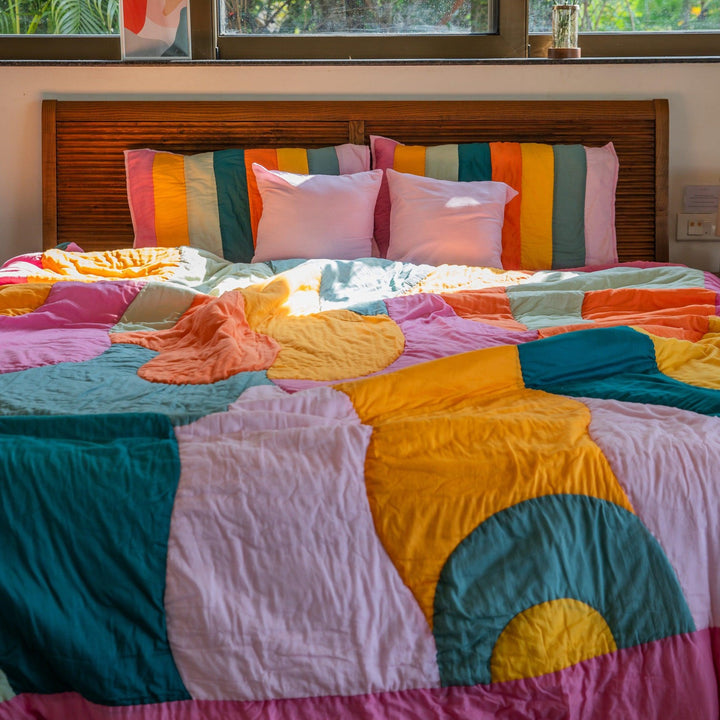 Color Burst Patchwork Handmade Quilt Set-Quilt sets-House of Ekam