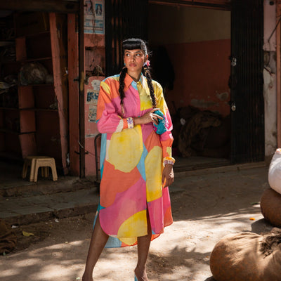 Colorful Artwalk Cotton Shirt Dress-Dresses-House of Ekam