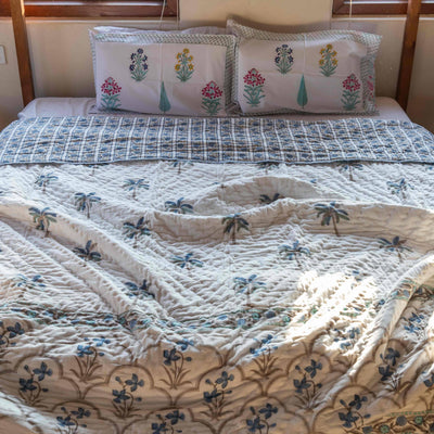 Cool Coastal and Floral Reversible Queen Size Quilt-Quilt sets-House of Ekam