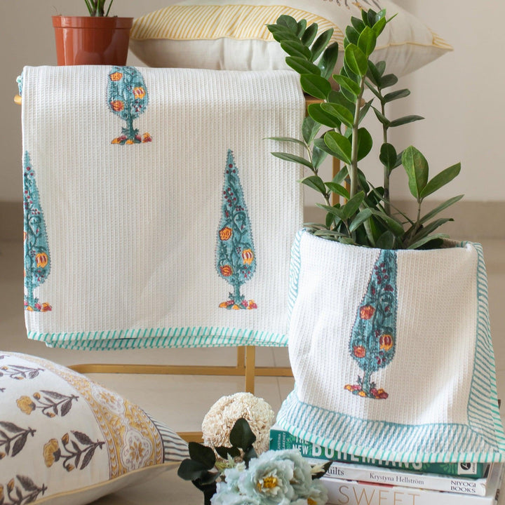 Cypress Sunset Blockprint Bath, Hand and Face Waffle Towel-Towels-House of Ekam