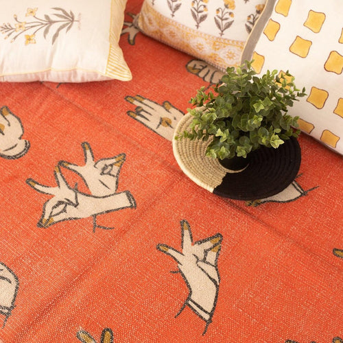 Dance Mudras Orange Screen Printed Cotton Rug-Rug-House of Ekam