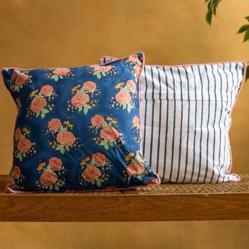 Dark Blue Kentish Rose Blockprinted Cushion Cover