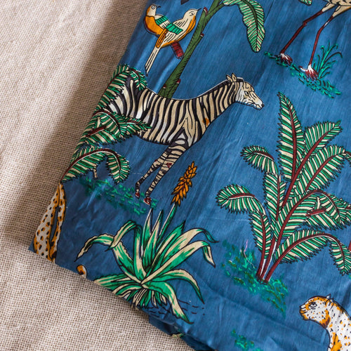 Dark Blue Tropical Safari Hand Screenprinted Cotton Fabric-fabric-House of Ekam