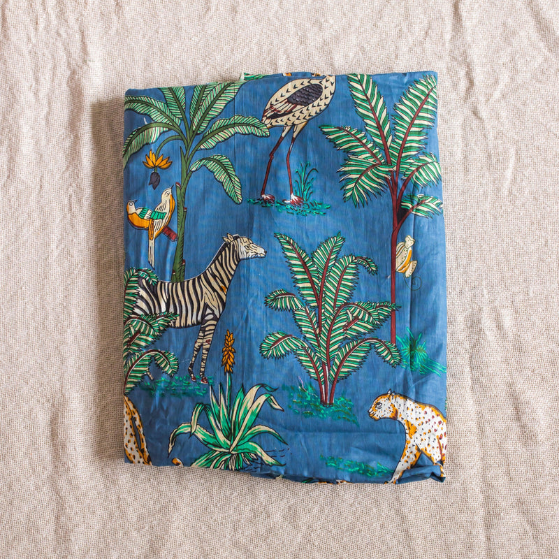 Dark Blue Tropical Safari Hand Screenprinted Cotton Fabric-fabric-House of Ekam