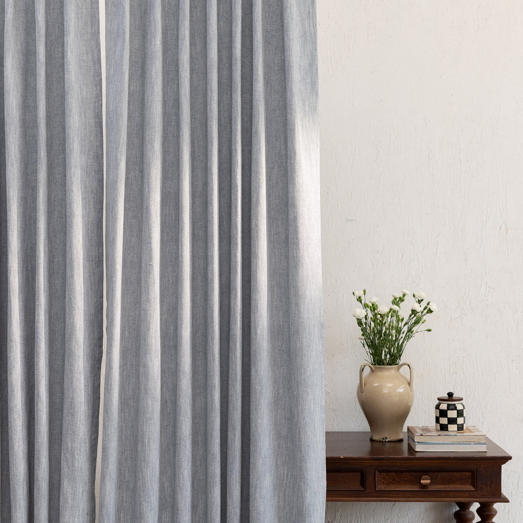 Dark Grey Cotton Slub Chambray 80% Blackout Curtain-Curtains-House of Ekam