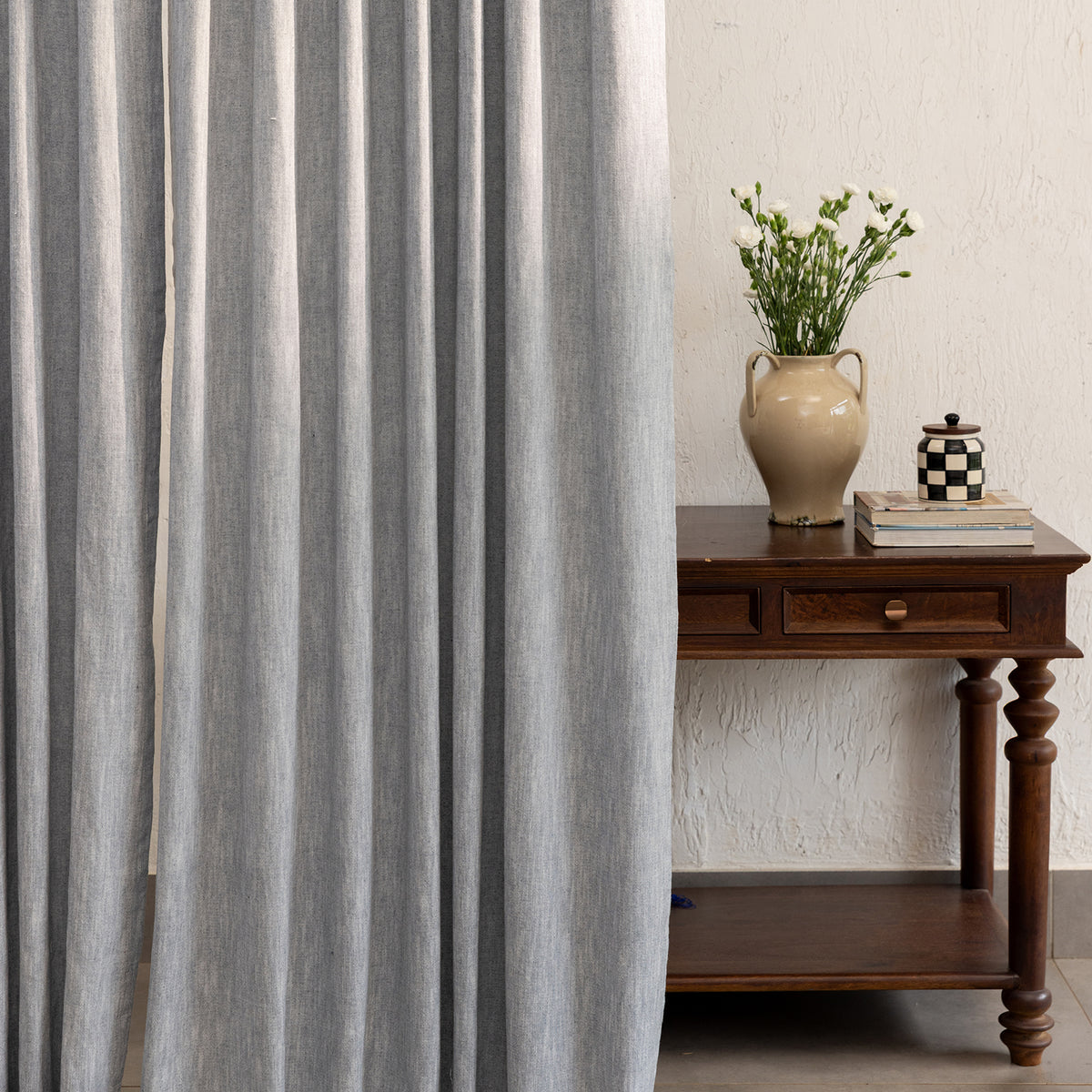 Dark Grey Cotton Slub Chambray 80% Blackout Curtain-Curtains-House of Ekam