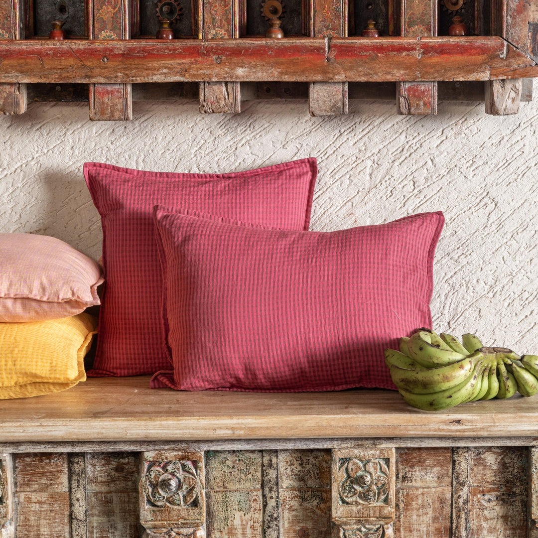 Dark Pink Checks Venkatagiri Cotton Handloom Cushion Cover-Cushion Covers-House of Ekam
