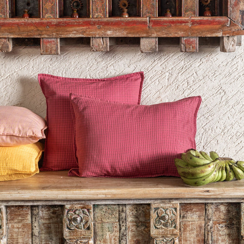 Dark Pink Checks Venkatagiri Cotton Handloom Cushion Cover-Cushion Covers-House of Ekam