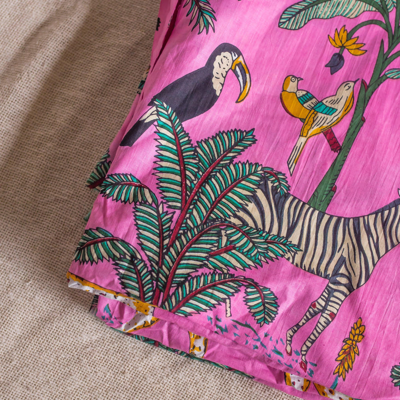 Dark Pink Tropical Safari Hand Screenprinted Cotton Fabric-fabric-House of Ekam