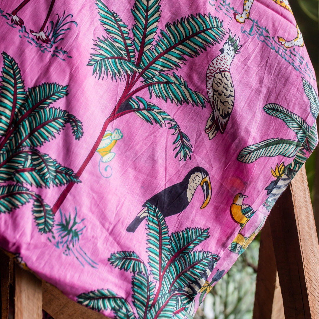 Dark Pink Tropical Safari Hand Screenprinted Cotton Fabric-fabric-House of Ekam