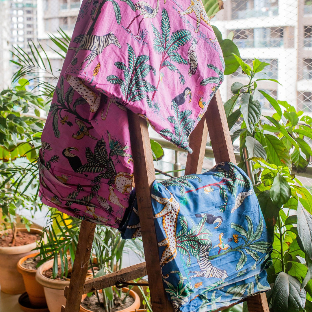 Dark Pink Tropical Safari Hand Screenprinted Cotton Fabric-fabric-House of Ekam