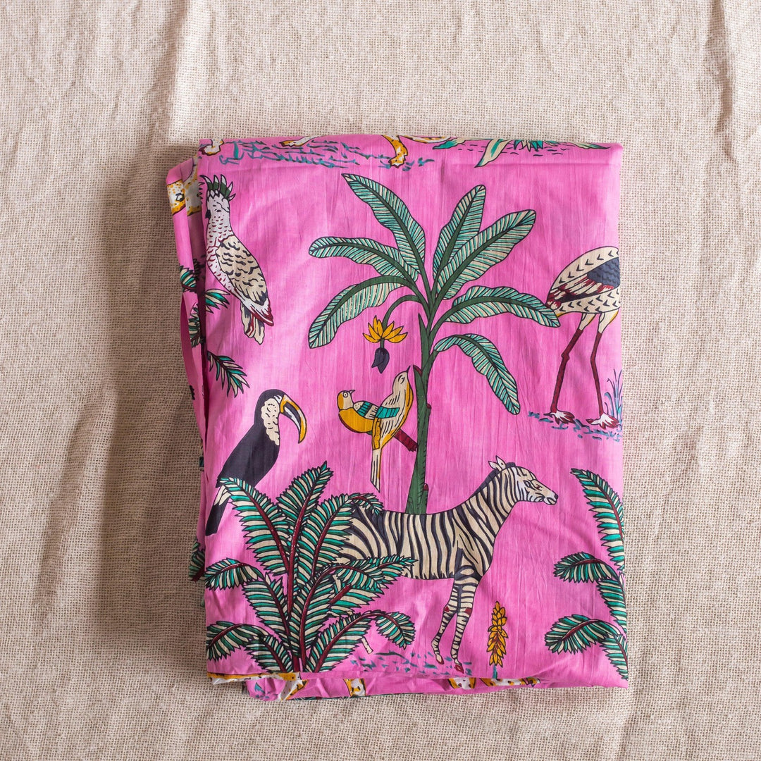 Dark Pink Tropical Safari Hand Screenprinted Cotton Fabric-fabric-House of Ekam