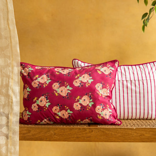 Dark Red Kentish Rose Blockprinted Cushion Cover-Cushion Covers-House of Ekam