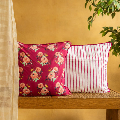 Dark Red Kentish Rose Blockprinted Cushion Cover-Cushion Covers-House of Ekam