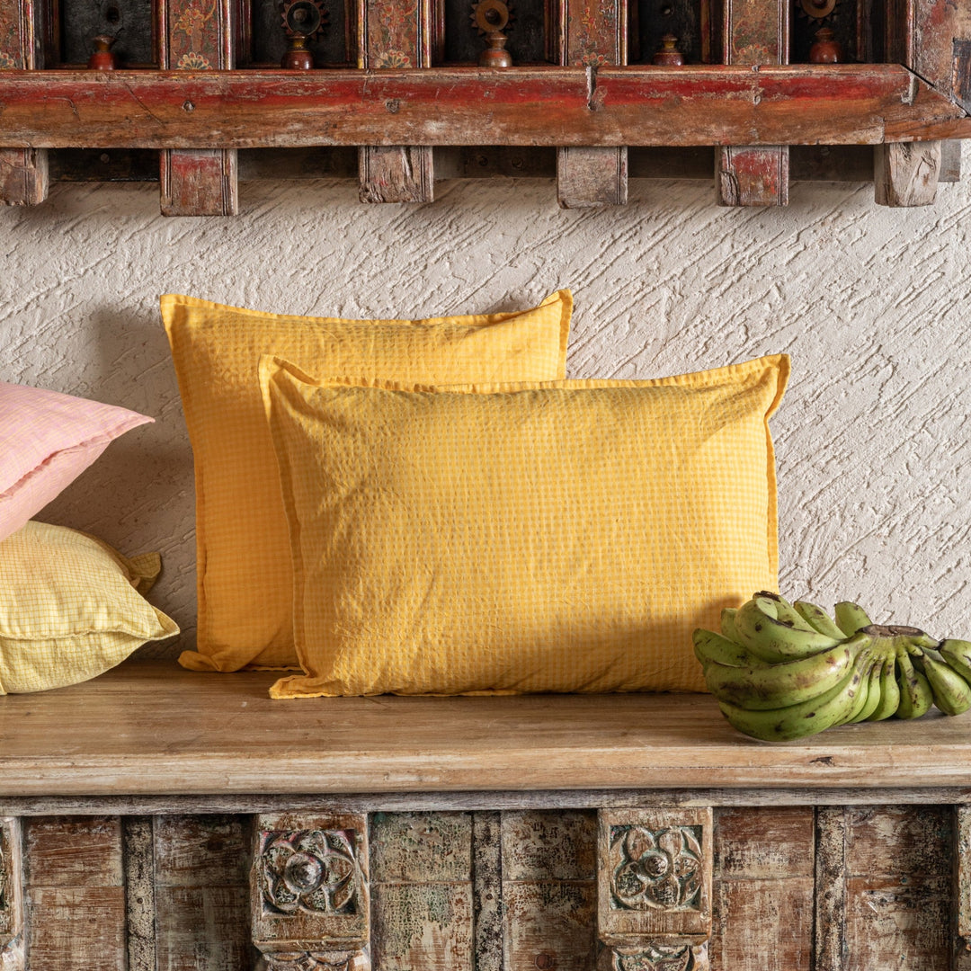 Dark Yellow Checks Venkatagiri Cotton Handloom Cushion Cover-Cushion Covers-House of Ekam