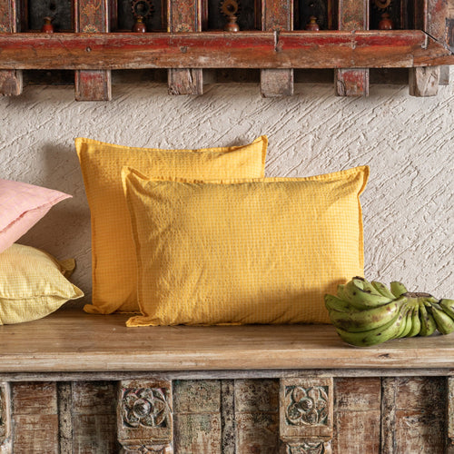 Dark Yellow Checks Venkatagiri Cotton Handloom Cushion Cover-Cushion Covers-House of Ekam