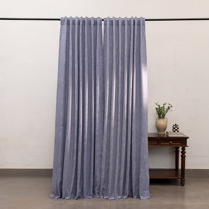Denim Blue Cotton Slub Chambray 80% Blackout Curtain-Curtains-House of Ekam