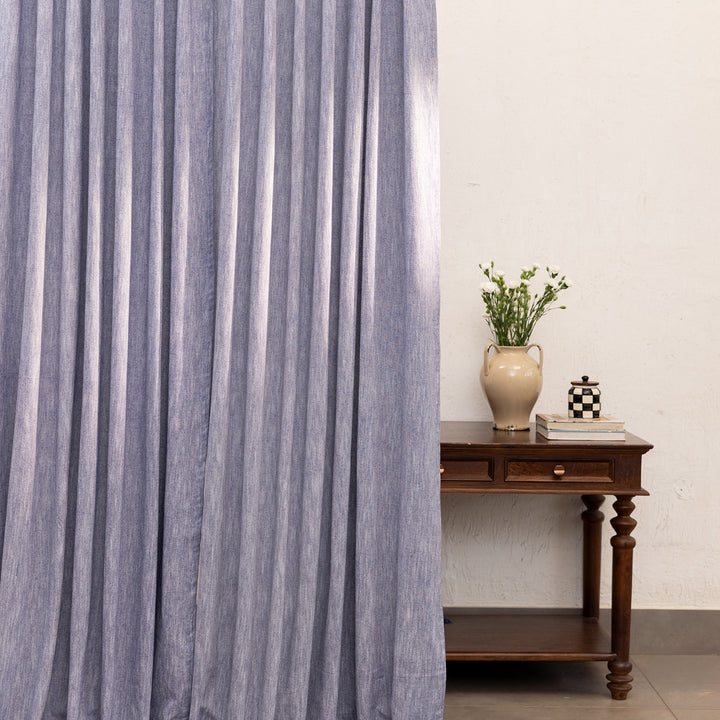 Denim Blue Cotton Slub Chambray 80% Blackout Curtain-Curtains-House of Ekam