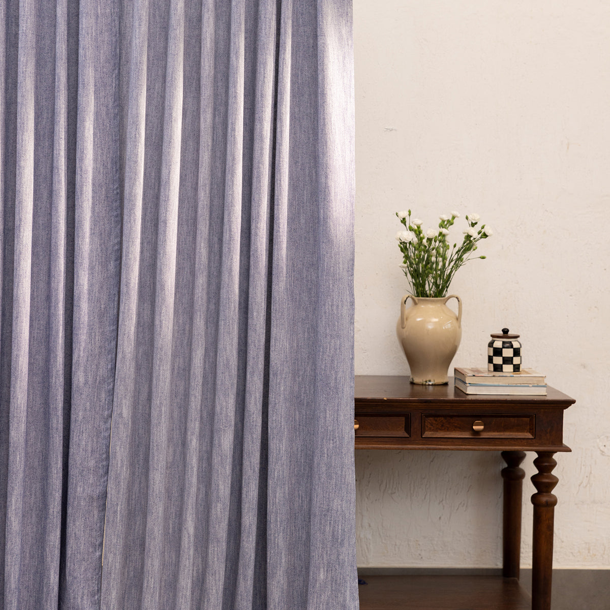 Denim Blue Cotton Slub Chambray 80% Blackout Curtain-Curtains-House of Ekam
