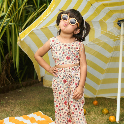 Ditsy Yellow Floral Crop Top & Pallazzo Pants-Kidswear-House of Ekam