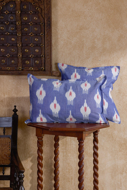 Blue and Red Chitra Ikat Handloom Cushion Cover
