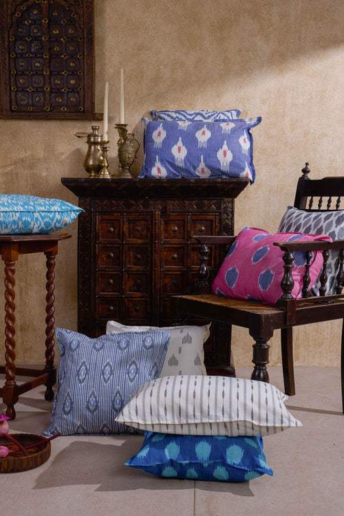 Blue and White Neerja Ikat Handloom Cushion Cover