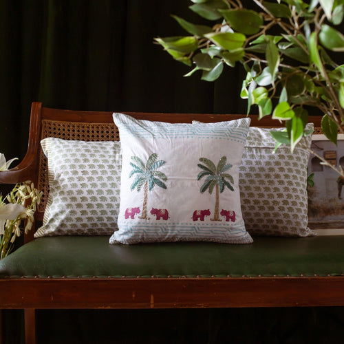 Elephant & Palm Sequence Cushion Cover-Cushion Covers-House of Ekam