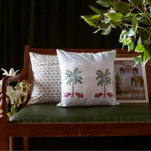 Elephant & Palm Sequence Cushion Cover-Cushion Covers-House of Ekam