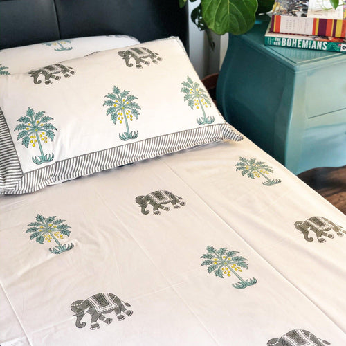 Elephant and Palm Tree Double Bed Bedsheet-Bedsheets-House of Ekam