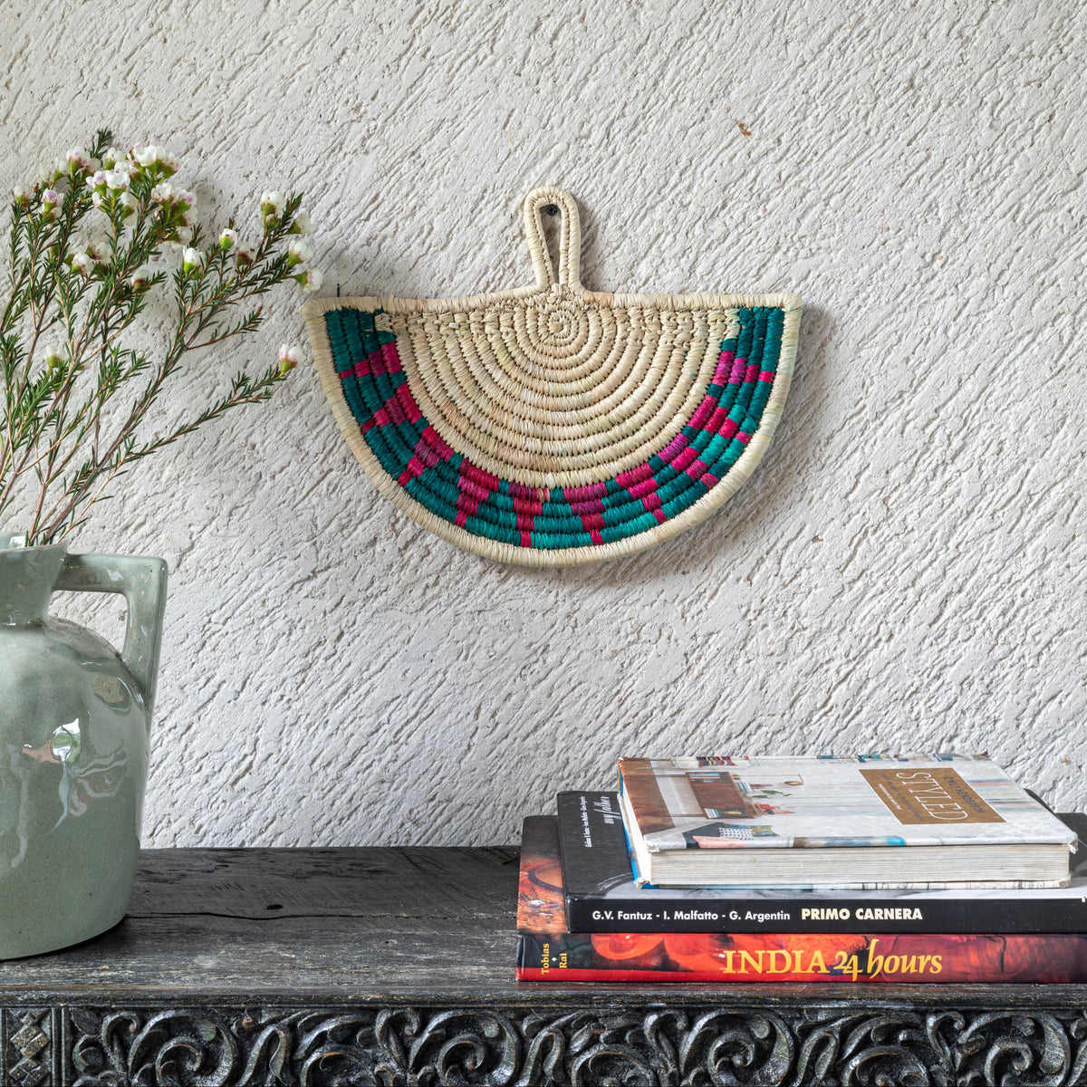 Emerald and Pink Triangle Handwoven Sabai Grass Fan-Sabai baskets-House of Ekam