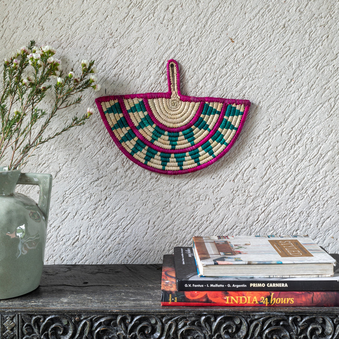 Emerald and Pink Trikon Handwoven Sabai Grass Fan-Sabai baskets-House of Ekam