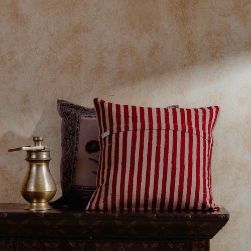 Erra Poppy Kalamkari Blockprint Cushion Cover-Cushion Covers-House of Ekam