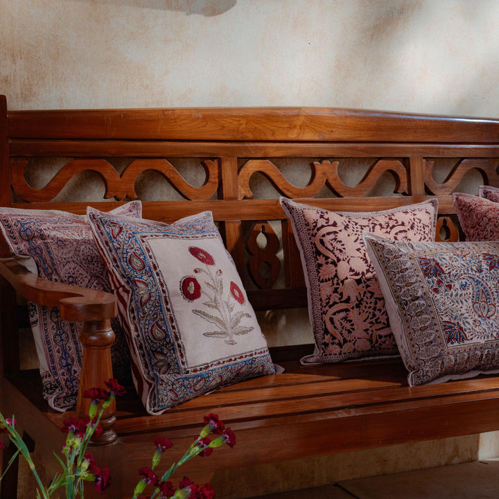 Erra Poppy Kalamkari Blockprint Cushion Cover-Cushion Covers-House of Ekam