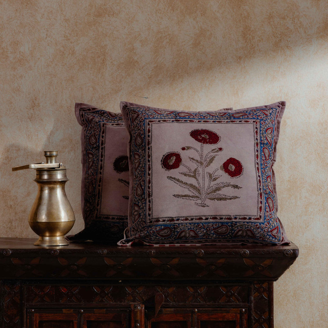 Erra Poppy Kalamkari Blockprint Cushion Cover-Cushion Covers-House of Ekam