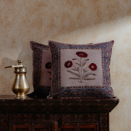 Erra Poppy Kalamkari Blockprint Cushion Cover-Cushion Covers-House of Ekam