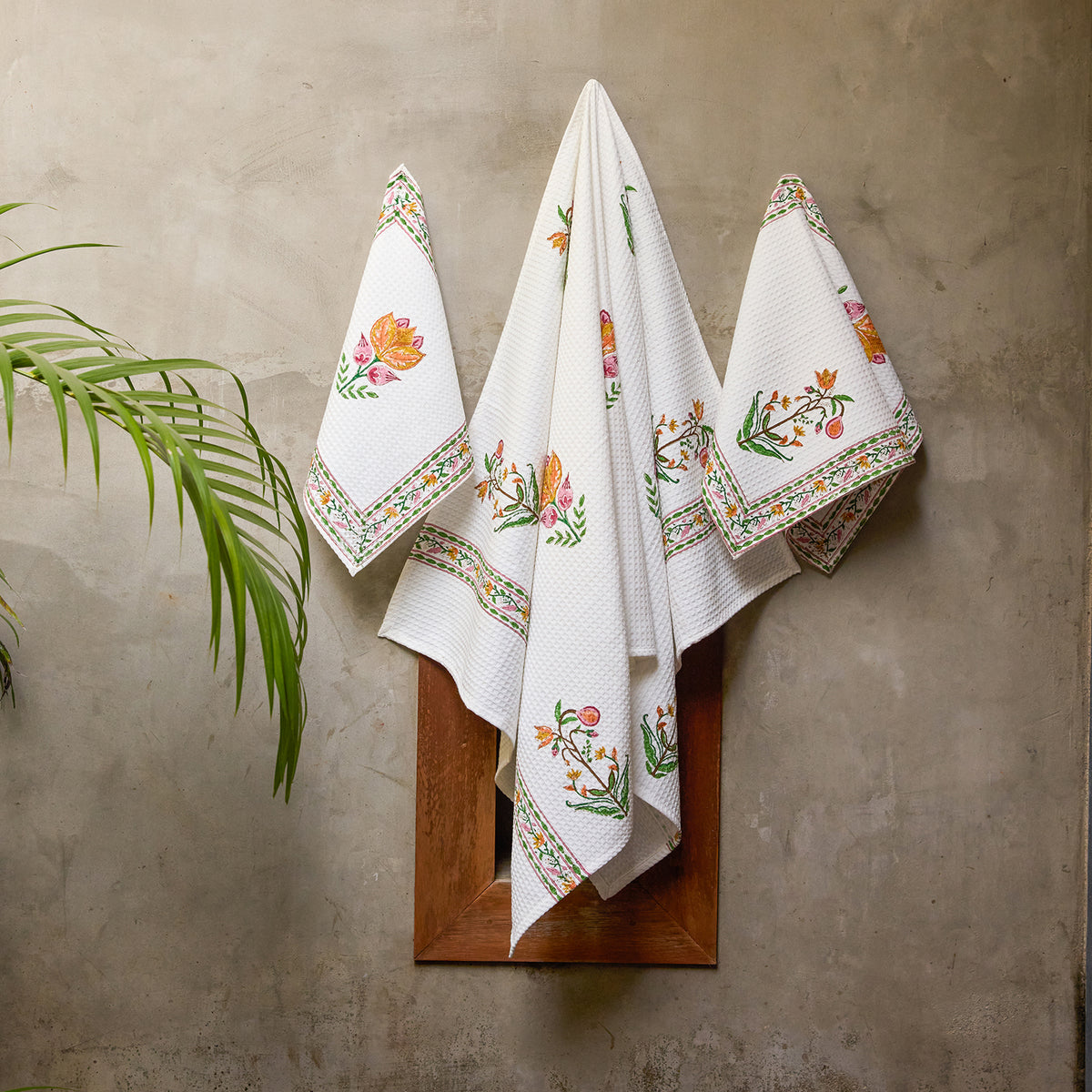 Fig and Bloom Blockprint Bath/Hand/Face Waffle Towel-bath towels-House of Ekam