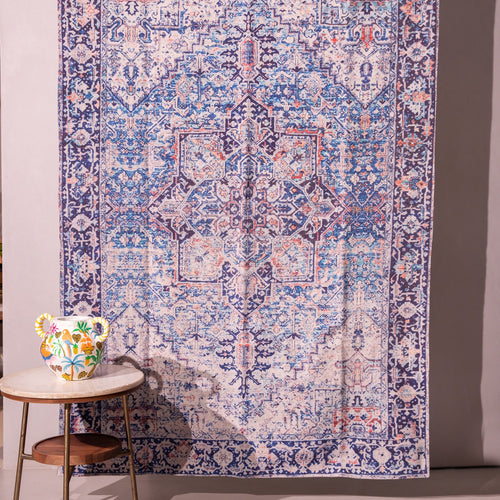 Firouz Blue Screen Printed Cotton Rug-Rug-House of Ekam