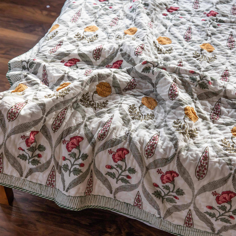 Floral Botanical Reversible Cotton Queen Size Quilt-Quilt sets-House of Ekam