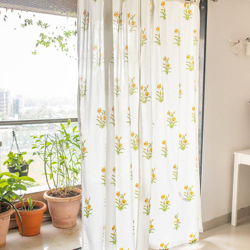 Floral Buti Yellow and Green Blockprint Sheer Curtain-Curtains-House of Ekam