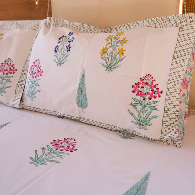 Floral Buti and Cypress Cotton Blockprinted Bedsheet-Bedsheets-House of Ekam
