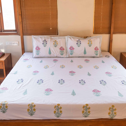 Floral Buti and Cypress Cotton Blockprinted Bedsheet-Bedsheets-House of Ekam