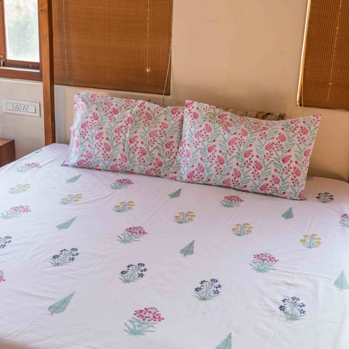 Floral Buti and Cypress Cotton Blockprinted Bedsheet-Bedsheets-House of Ekam