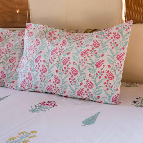 Floral Buti and Cypress Cotton Blockprinted Bedsheet-Bedsheets-House of Ekam