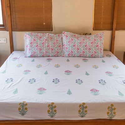 Floral Buti and Cypress Cotton Blockprinted Bedsheet-Bedsheets-House of Ekam